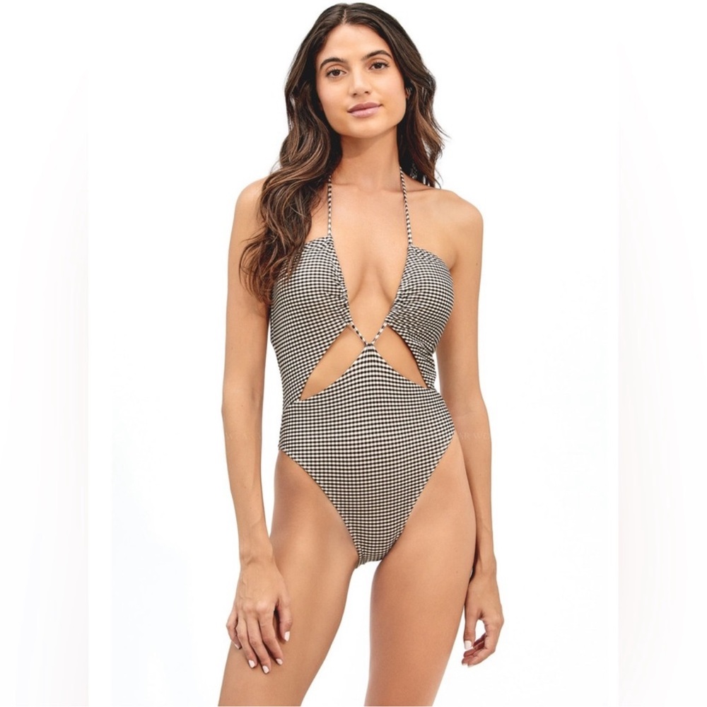Vix Black and White Gingham Cutout One-Piece Swimsuit